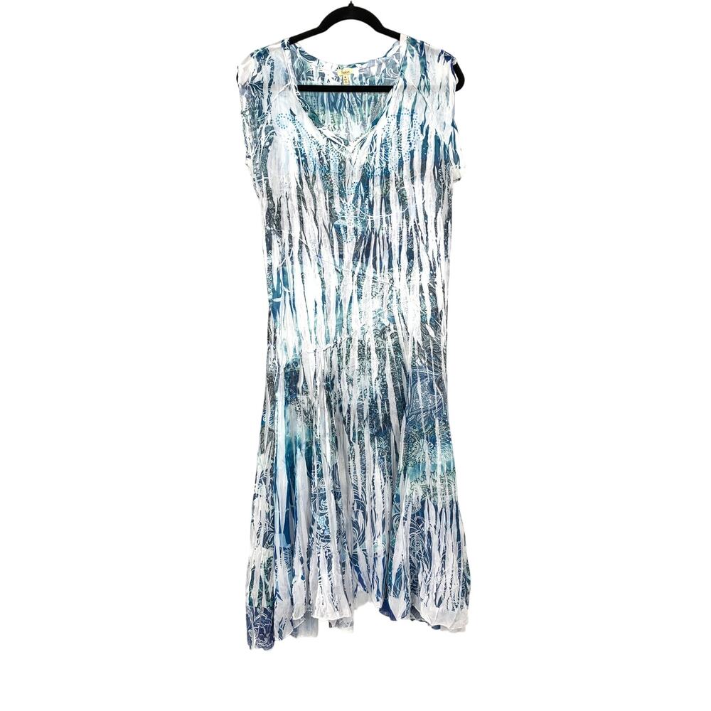 Reba Cap Sleeve V-Neck Midi Dress Womens Size Medium Sheer White Blue *READ